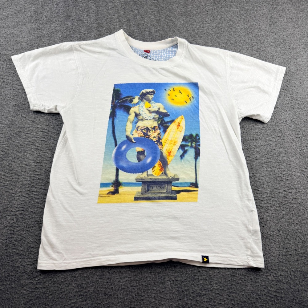 VTG Joe Browns White Graphic Tee Men's S‎ Dude Statue Beach Surf Tropical Cotton